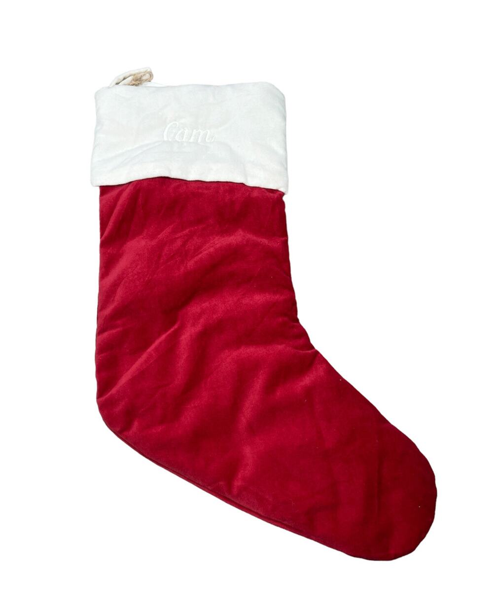 Pottery Barn Classic Velvet Christmas Holiday Stocking Red White Cuff “Cam”